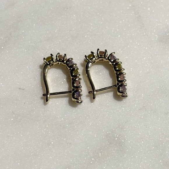 Multicolor Pastel Purple Pink Yellow Gemstone Hoop Gold Tone Earrings - Picture 2 of 15